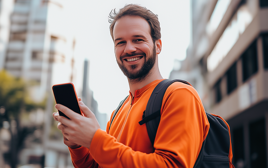 homem de barba sorrindo com mochila nas costas e celular na mão vestindo camisa laranja com manga comprida