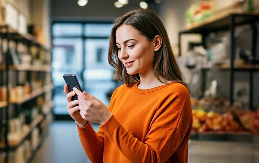 Imagem mostra uma mulher usando um celular para fazer compras online, reforçando a importância da segurança no e-commerce.
